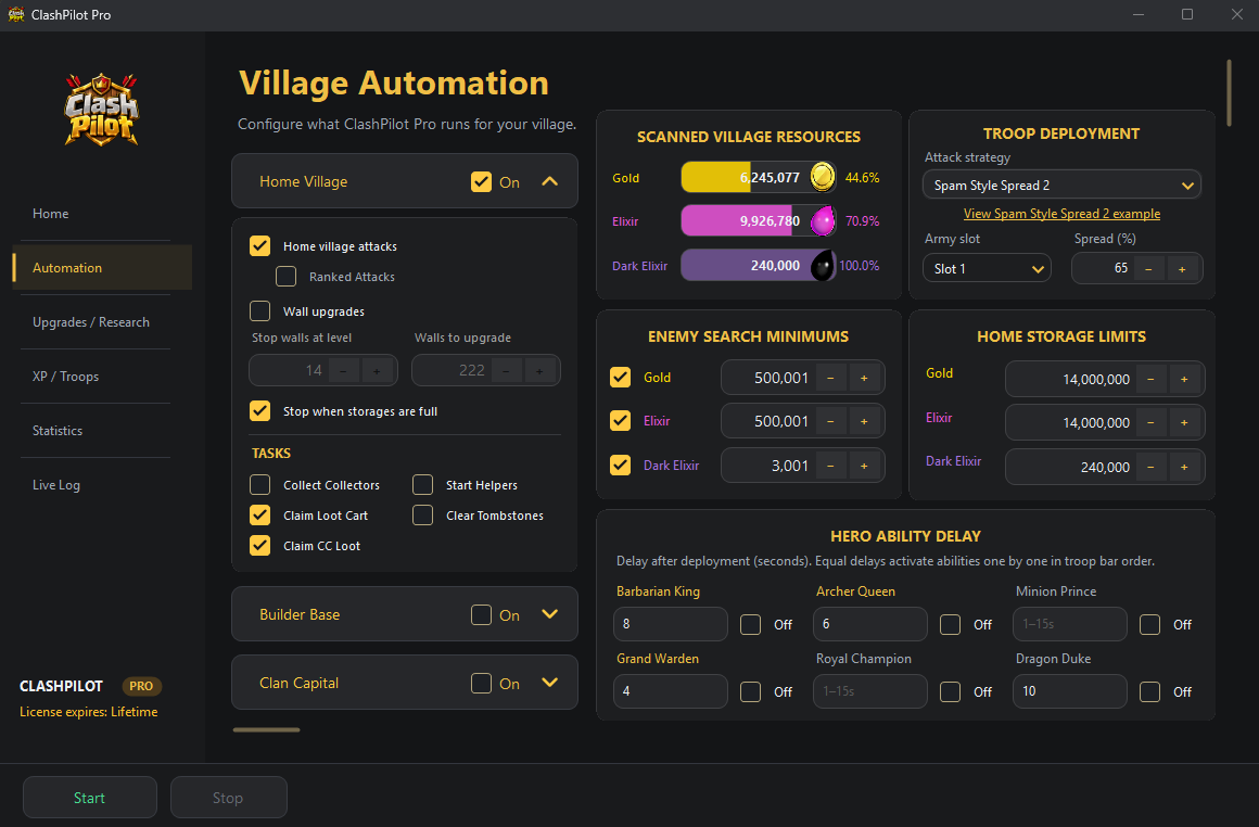 ClashPilot Pro Village Automation screen with resource scanning, enemy search minimums, storage limits, and troop deployment settings